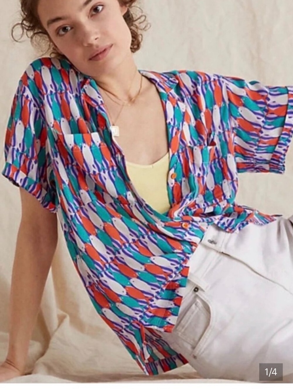 Anthropologie Maeve Bon Voyage fish print button down size L